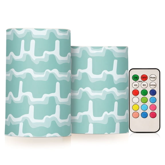 White Wave Lines Flameless LED Candle Set with Remote, Battery Operated Color Changing Pillar Candles, Set of 2
