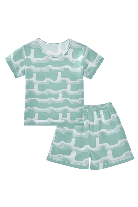 White Wave Lines Summer Pajama Set Soft Cotton Short Sleeve Sleepwear 2PCS Pajama Sets Breathable Lounge Set Size 12Y