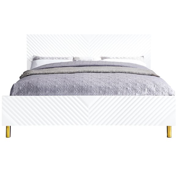 White Wave Pattern Ek Bed With High Gloss Finish - No Box Spring Required, Fully Kd, 39 Slats, 4 Metal Legs, 660lbs Weight Capacity In Spring, Pattern, Holds Up To