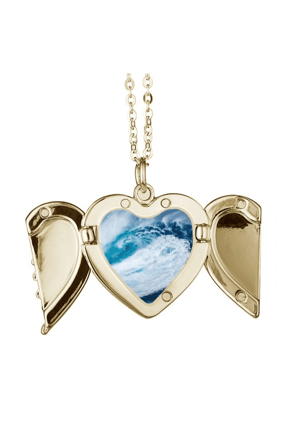 White Wave Sea Water Science Nature Picture Folded Wings Peach Heart Pendant Necklace