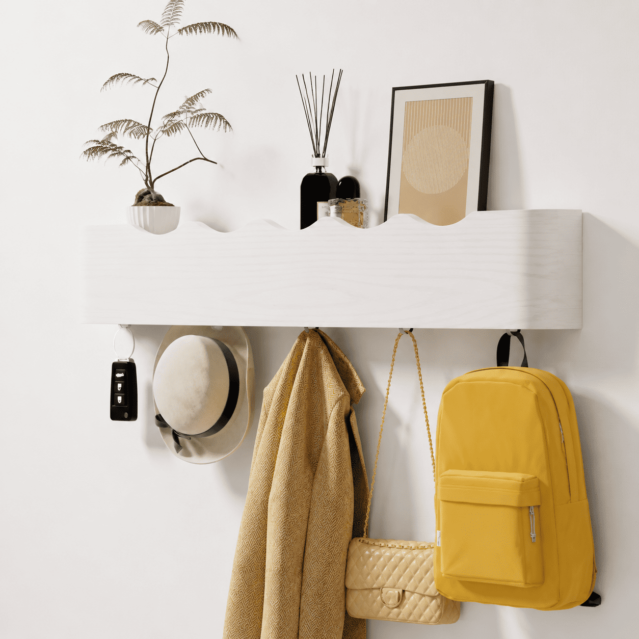 Wall Moount Rack White Wave-Shape 5 Hooks Wooden Wall Mount Coat Rack Entryway Organizer ...