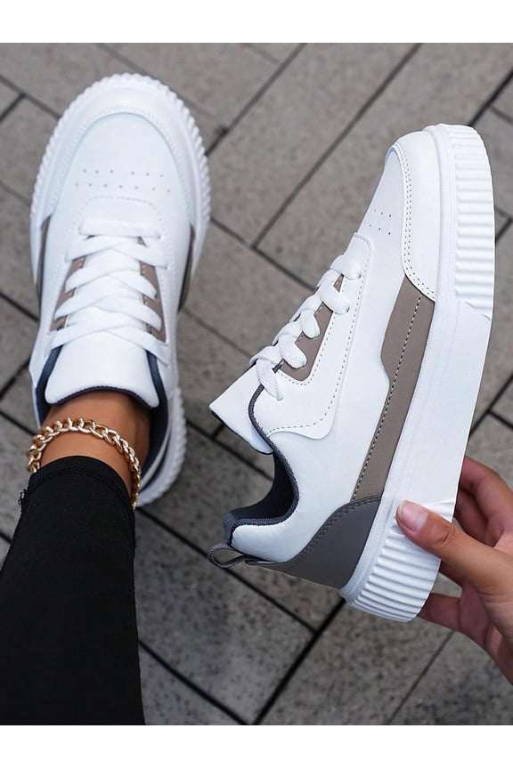 White Wave Sole Colorblock Sneakers - Lightweight Gray Accent Women's Shoes for Year-Round Comfort