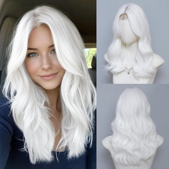 White Wave Wigs for Women 18 Inch Medium Length Wigs Middle Part Curly Wavy Wig Natural Looking Synthetic Heat Resistant Fiber Wig for Daily Party UseWhite,18 Inch