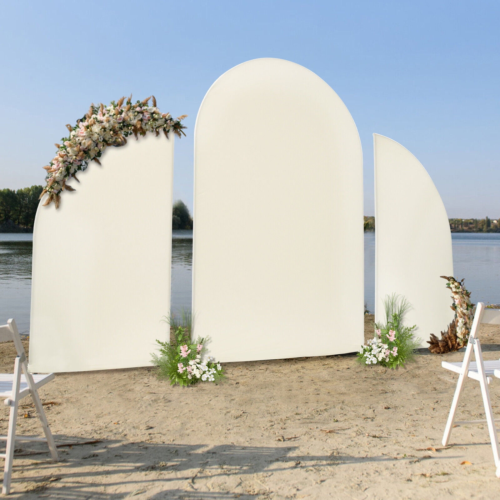 White Wedding Arch Cover & Beige Wedding Arch Backdrop Stand Set Party ...