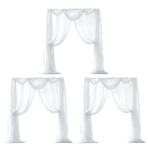 3 Pcs White Wedding Arch Draping Fabric, 31.5 in x 315 in / 80 x 800 cm Chiffon Sheer Curtains for Ceremony, Elegant Polyester Ceiling Drapes for Party, with 2 Ribbons