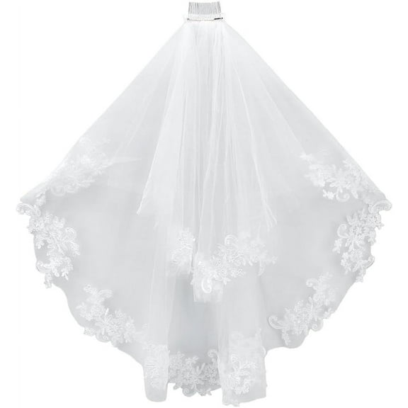 White Wedding Bridal Veil 2 Tier Floral Lace Edge Mesh Veil With Metal Comb Soft Tulle Fingertip Length Bridal Veil for Women Brides Wedding Bachelorette Party Decorations DIY