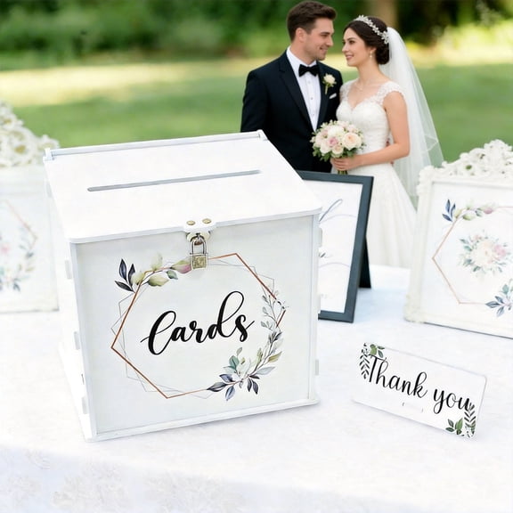 White Wedding Card Box with Lock - PVC Gift Box for Reception, Graduation & Baby Shower - DIY Eucalyptus Money Box for Cards and Envelopes