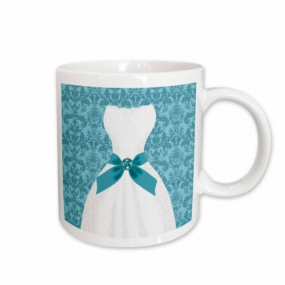 3drose, White Wedding Gown with Turquoise Ribbon and Damask Pattern, 11oz Mug