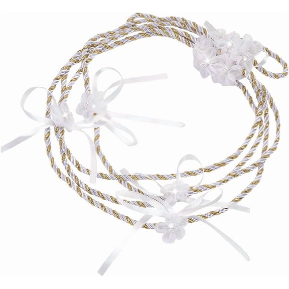 White Wedding Lasso Rope 1.75 Yards White Gold Carnation Accent Rope Wedding Cord with Chiffon with Plastic Pearl Flower Macrame Polyester Cord Wrist Corsages for Wedding Party Decorations