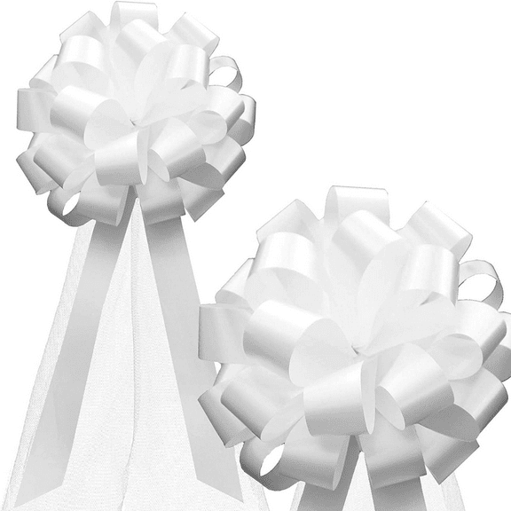 White Wedding Pull Bows with Tulle Tails 9" Wedding Pew Bows, Mother's Day, Reception, Christmas, Birthday, Anniversary, Event Decoration, Valentine's Day Wide Aisle Decorations Set of 2