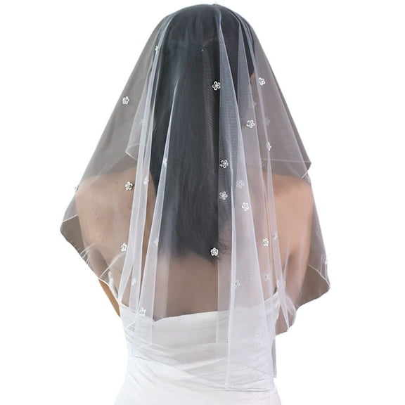 White Wedding Veil with Beadwork Flower Decors Short Bridal Veil for Bride Special Occasion Bachelorette Party Supply
