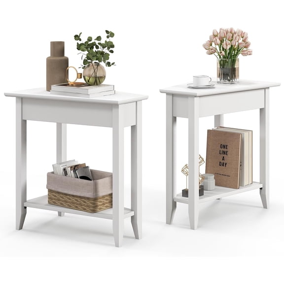 White Wedge End Table Set of 2, Triangle Side Table with Storage Shelf and Solid Wood Legs, Recliner Table, 24.5" Tall Nightstand, Modern Narrow Accent Table for Small Space Living Room