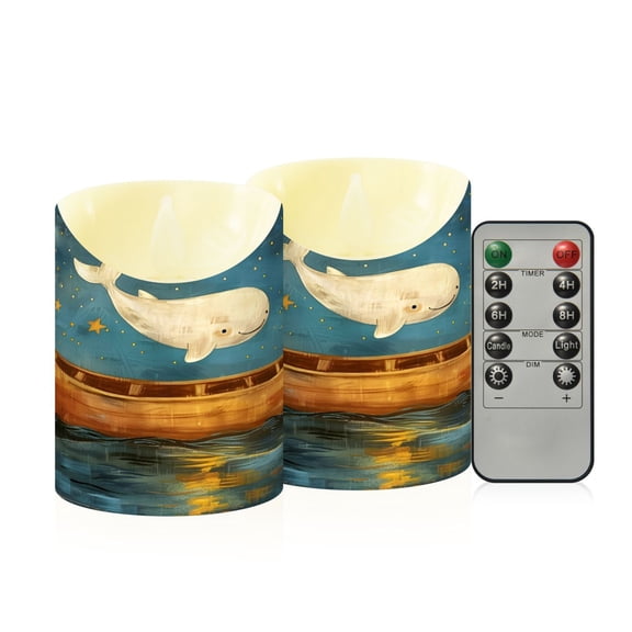White Whale Boat Starry Night Flickering Flameless Candles with Remote Timer Battery Operated LED Tealight Set of 2 S