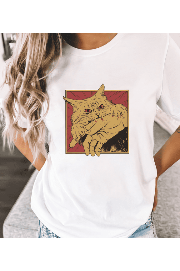 White Whimsical Angry Cat Design Print Tshirt S-5XL Daily Wear Graphic Tees Shirts Tops
