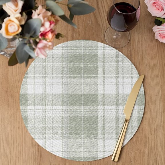 White White Checkered Round Braided Placemats Set of 1, Minimalist Modern Gingham Gradient Geometrical Heat Insulation Place Mats Washable Non-Slip Table Mats for Kitchen Dining Party, 13 Inches