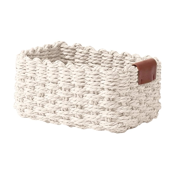 White Wicker Basket for Counter,Plastic Woven Storage Basket,Rectangular Rope Woven Baskets for Organizing,Pantry Table Organizer Bins for Bedroom Living Room Bathroom Shelves Desk,S