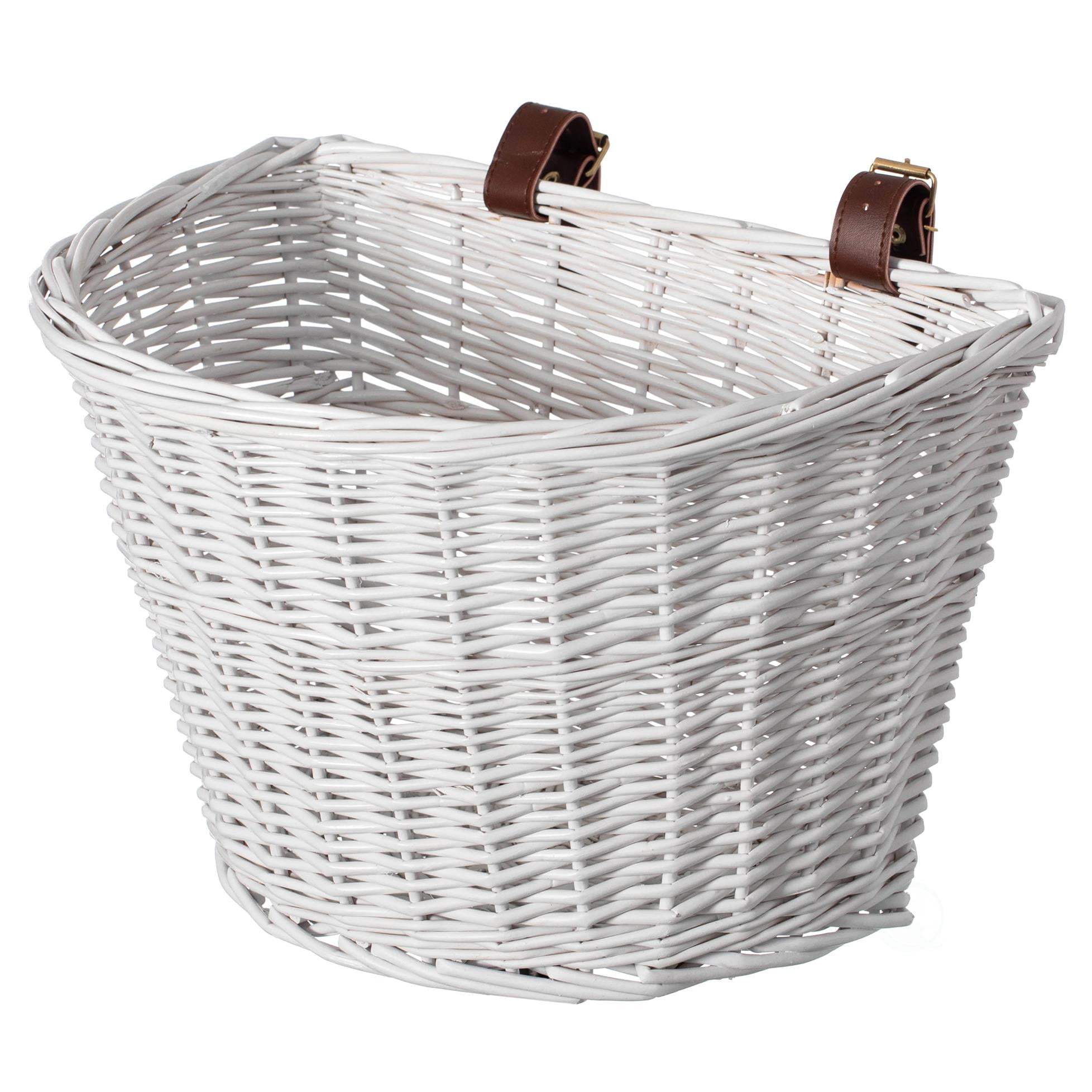 White Wicker Front Cargo Bike Basket with Faux Leather Straps