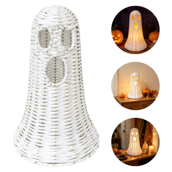 White Wicker Ghost Lamp, Spooky Chic Weave Halloween Ghost Light, LED Lighted Rattan Ghost Figurine Farmhouse Fall Table Decor for Home Kitchen Mantel Shelf Halloween DecorationsLight Not Include)