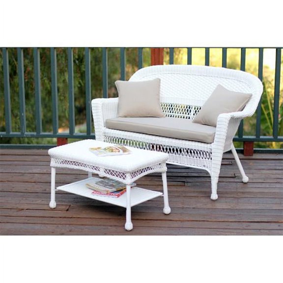 White Wicker Patio Love Seat And Coffee Table Set With Tan Cushion