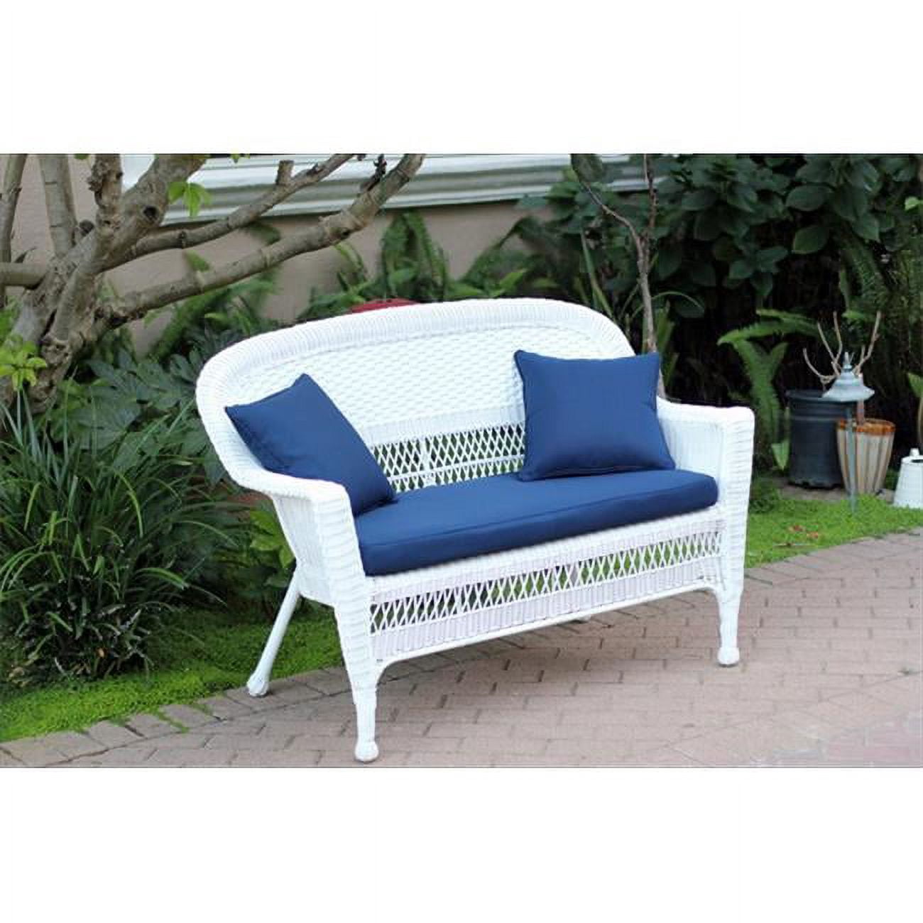 White Wicker Patio Love Seat With Blue Cushion And Pillows