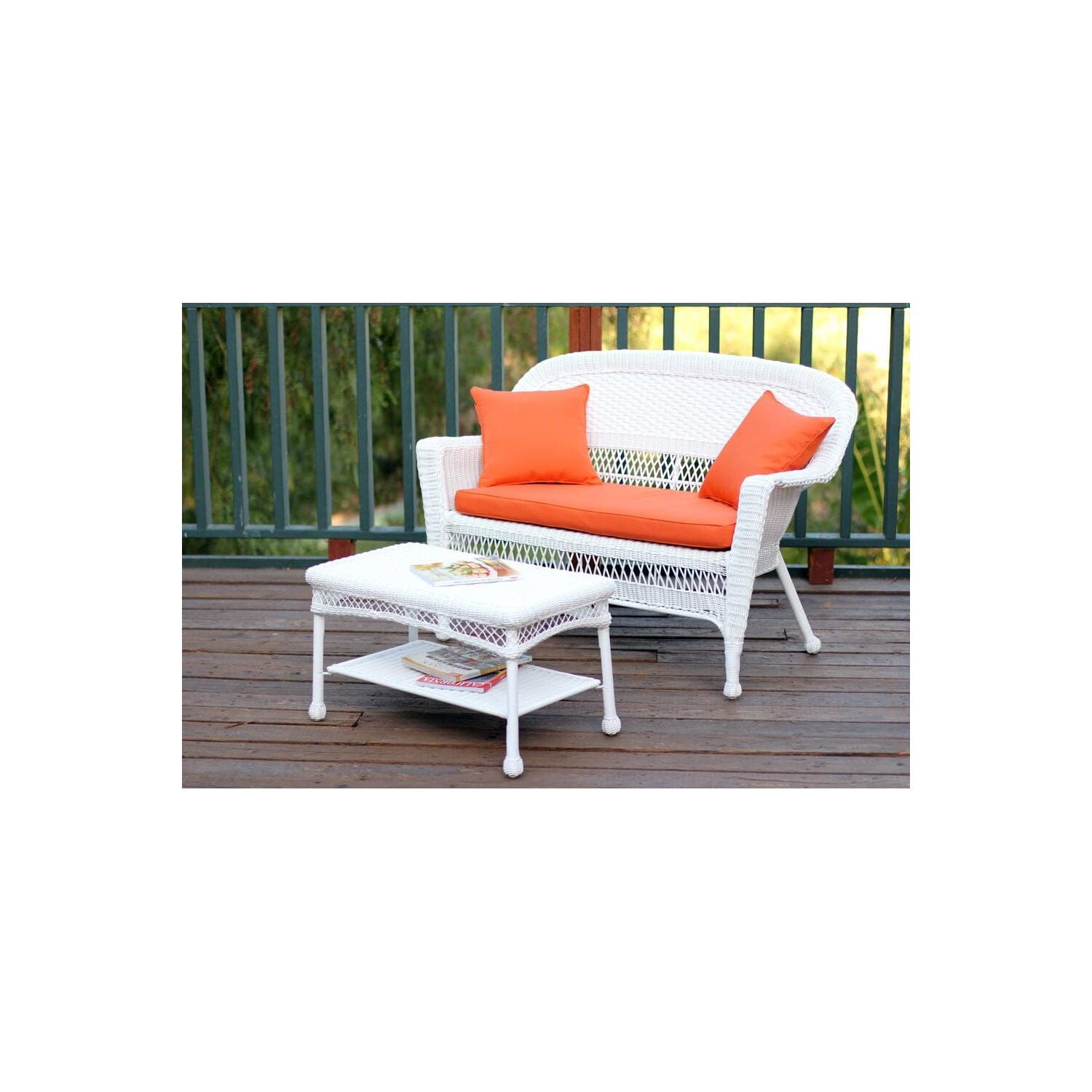 White Wicker Patio Love Seat and Coffee Table Set with Orange Cushion
