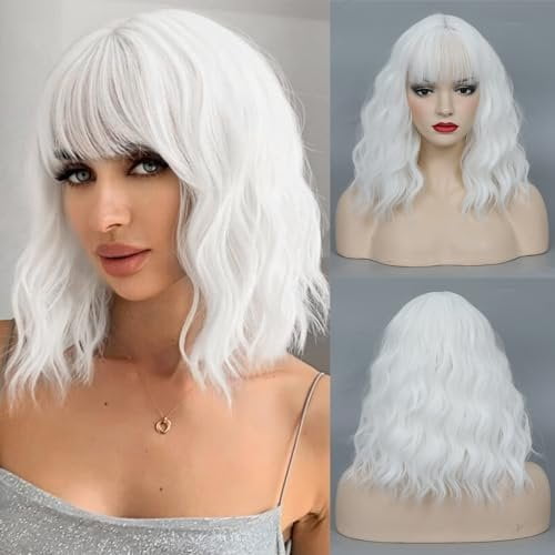 White Wigs for Women - Short Wavy Bob Wig with Bangs, Synthetic,  Length, For Daily Party Use & Halloween Costume, 14'