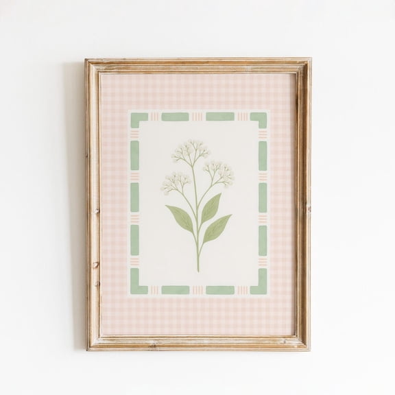 White Wildflower Gingham Border Wall Decor Unframed Paper Print