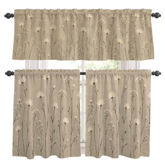 White Wildflower Kitchen Curtains Valances 3 Piece Set, Rustic Floral Meadow Flower Beige Linen Texture Rod Pocket Tier Curtain and Valance Drapes for Small Window 36 Inch Length for Bedroom Cafe