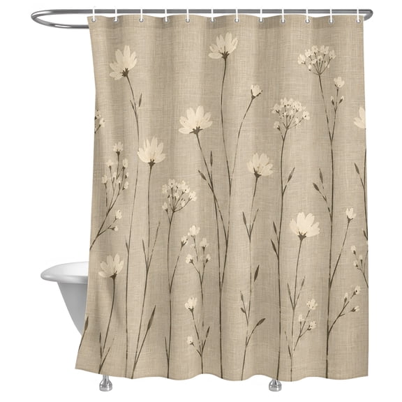 White Wildflower Shower Curtain, Rustic Floral Meadow Flower Beige Linen Texture Lightweight Waterproof Fabric Shower Curtain with Rustproof Grommets for Bathroom Bathtub 72x72in