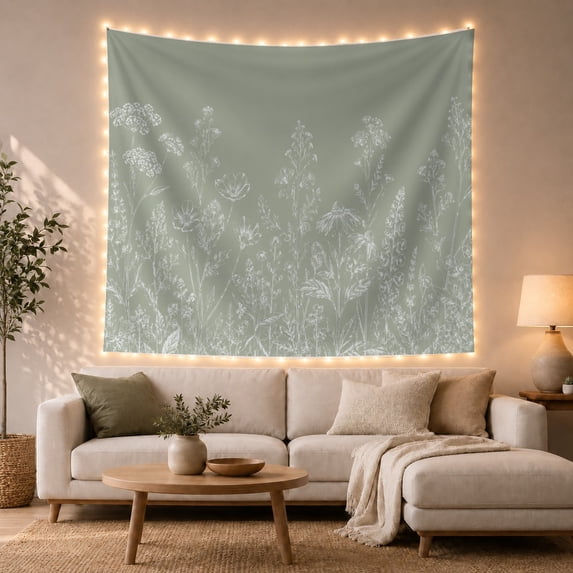 White Wildflower Silhouettes in Meadow Calming Minimalist for Nature Lovers Botanical Art Decor Housewarming Gift Tapestry Wall Hanging for Living Room and Bedroom