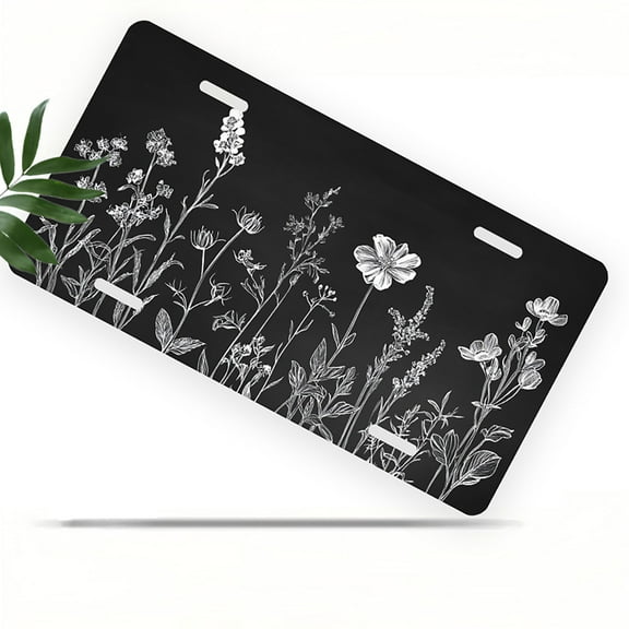 White Wildflower Sketch Front License Plate, Metal License Plate, Funny Standard Plates Personalized Novelty Decorative For Men/Women/Boys/Girls Car 6×12 Inch