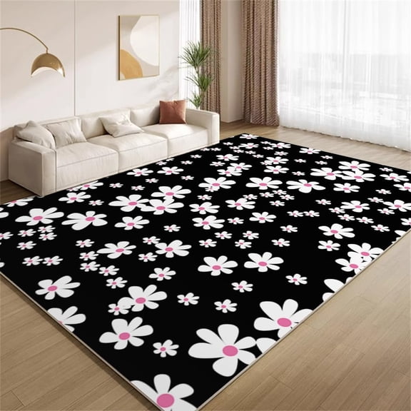 White Wildflowers Area Rugs Retro Funky Black Rugs Soft Non Slip Washable Non Shedding Indoor Carpet for Living Room Bedroom Home Entrance Foyer Decor 5ftx8ft