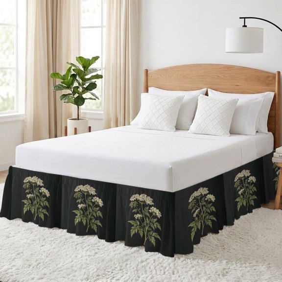 White Wildflowers Bed Skirt Queen Size 16 Inch Drop, Rustic Floral Green Leaf Stems Black Background Adjustable Elastic Dust Ruffles Bedskirt for Queen Bed Wrap Around Pleated Mattress Frame Cover