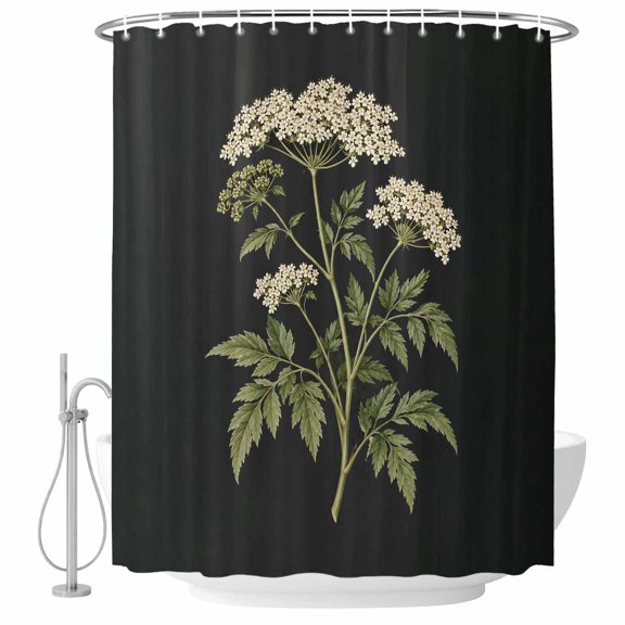 White Wildflowers Shower Curtain for Bathroom, Rustic Floral Green Leaf Stems Black Background Waterproof Cloth Fabric Bathroom Accessories Set with 9 Rust Proof Plastic Hooks, 36"x72"
