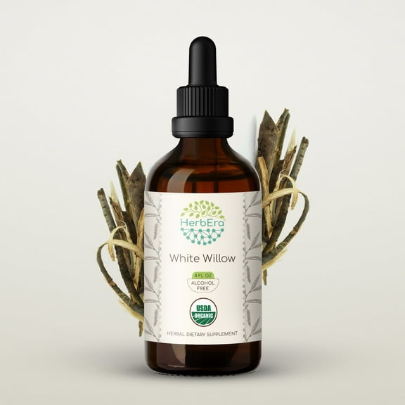 HerbEra White Willow Tincture, Organic Herbal Dietary Supplement for Joint Comfort, Certified Organic White Willow (Salix Alba) Dried Bark Extract, Natural, Alcohol-Free, Drops 4 oz