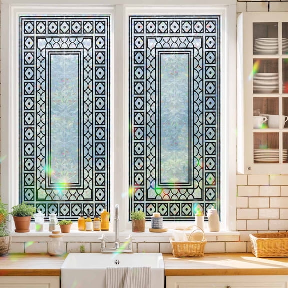 White Window Privacy Film Boho Diamond Pattern Border Rustic Southwestern Static Cling Stained Glass Window Film Non-Adhesive Decorative Decals Rainbow Sticker 17.7"X39.3"