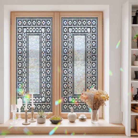 White Window Privacy Film Boho Diamond Pattern Border Rustic Southwestern Static Cling Stained Glass Window Film Non-Adhesive Decorative Decals Rainbow Sticker 23.6"X59"