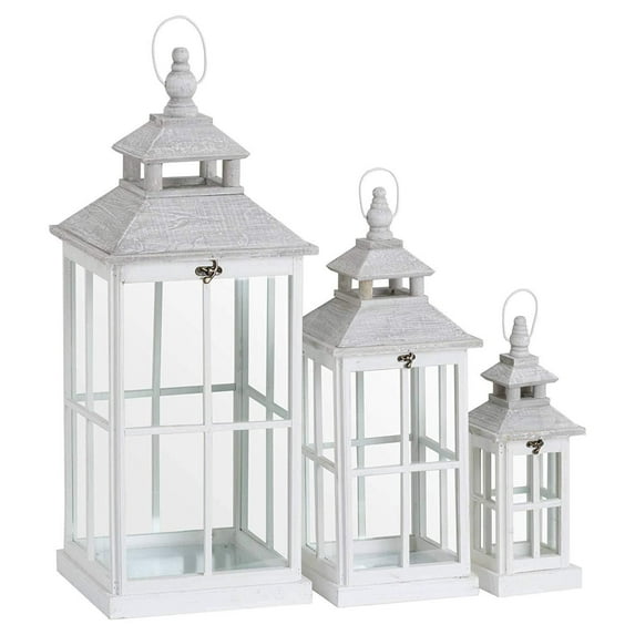 White Window Style Lanterns With Open Top (Set of 3)