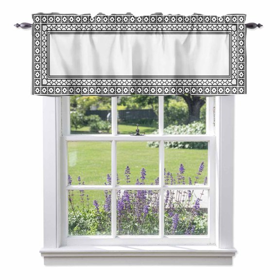 White Window Valance for Kitchen, Boho Diamond Pattern Border Rustic Southwestern Rod Pocket Short Curtains for Small Windows, Light Filtering Decorative Valances, 42 x 12 Inches