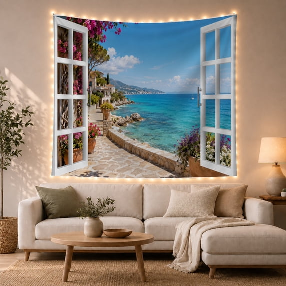 White Windows Open to Coastal Terrace With Villas and Sailboat, Peaceful Coastal for Ocean Lovers, Mediterranean Art Decor, Housewarming Gift Tapestry Wall Hanging for Living Room and Bedroom