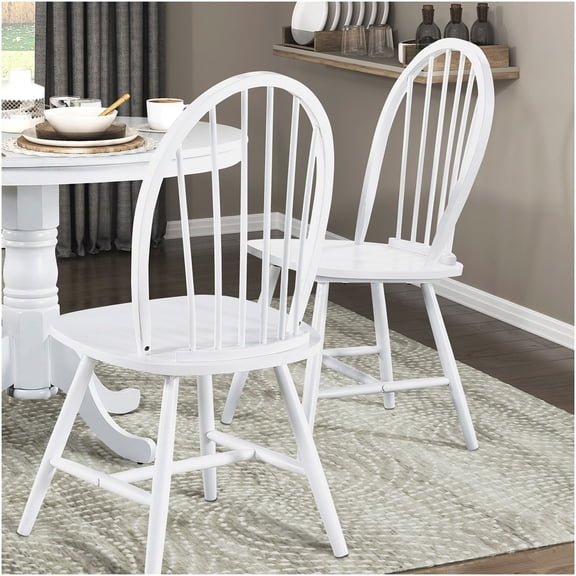 White Windsor Side Chairs, Set of 2 Farmhouse Dining Chairs with Traditional Wood Back and White Finish for Kitchen and Dining Room