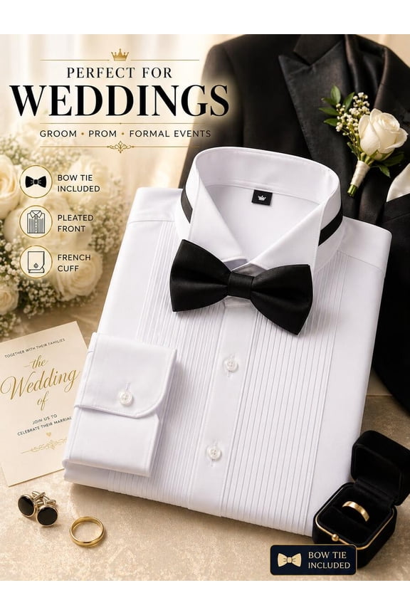 White Wing Collar French Cuff Dress Shirt With Bow Tie – Pleated Front, Wrinkle-Free, Formal Wedding Groom Attire