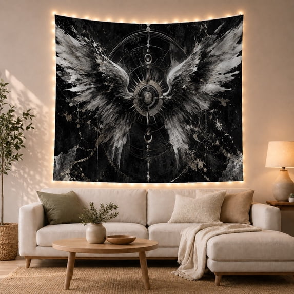 White Wings Around a Dreamcatcher on Black, Mystical Gothic Style for Gothic Decor Fans, Wing Wall Art, Halloween Gift, Tapestry Wall Hanging for Bedroom and Dorm