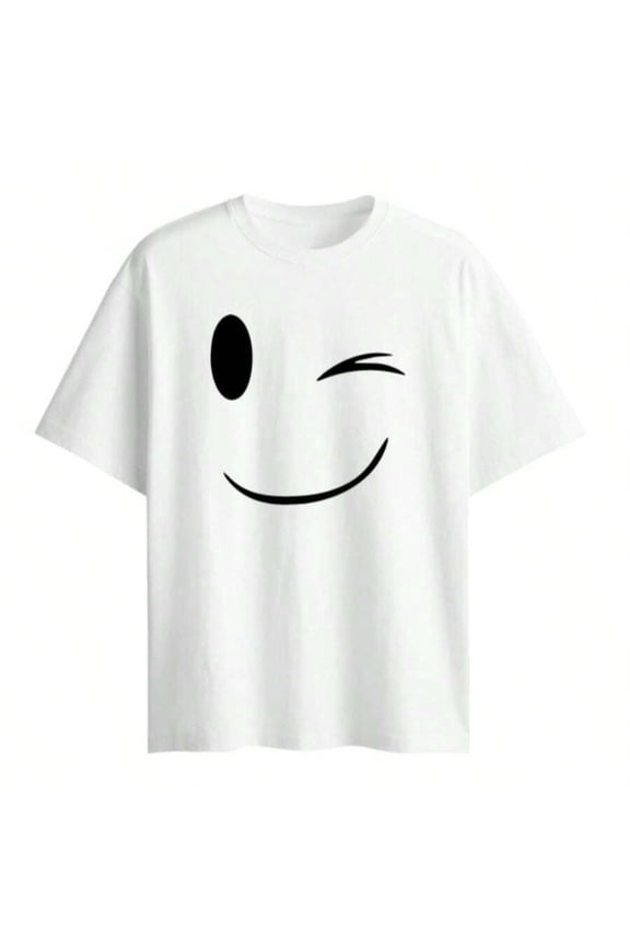 White Winking Smiley Face Graphic T-Shirt, Short Sleeve Crew Neck, Unisex Casual Oversized Top