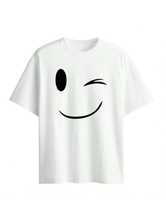 White Winking Smiley Face Graphic T-Shirt, Short Sleeve Crew Neck, Unisex Casual Oversized Top