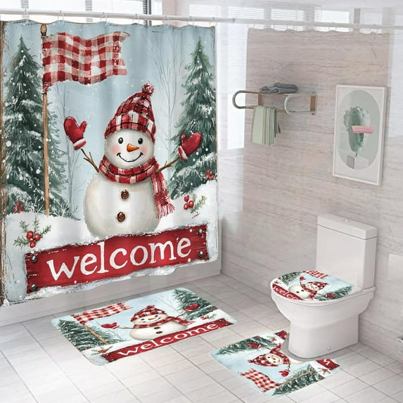 White Winter Cute Snowman Shower Curtain Set with Rugs,Snowman Couples in Forest Bathroom Set with Shower Curtains with Hooks, Waterproof Fabric Christmas Bathroom Decorations Shower Curtain Set