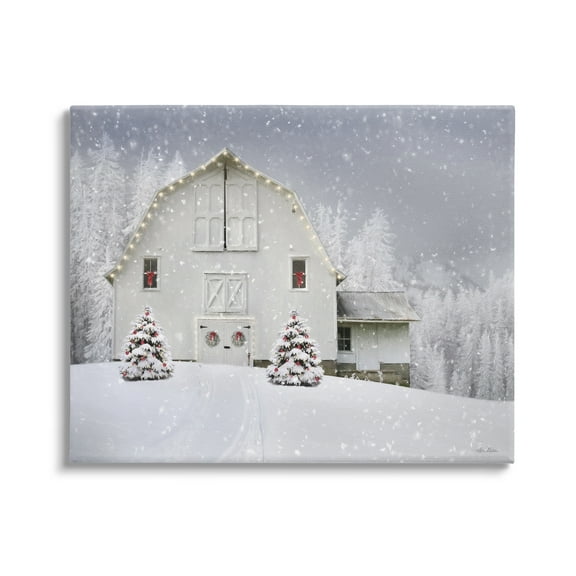 White Winter Snowfield Barn Cozy Christmas Scenery Landscape Painting Gallery-Wrapped Canvas Print Wall Art