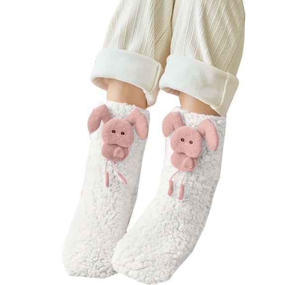 White Winter Socks Women Lamb Fleece Floor Non Slip Cartoon Design Length 1496 Inches Wide 512 Inches Free Size White Nylon Spandex