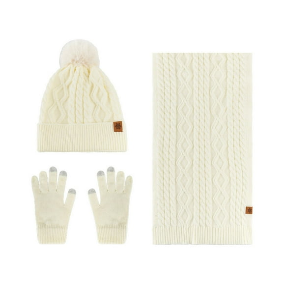 White Winter Thermal Knitted Wool Hat Scarf And Gloves Three-Piece Set With Double Velvet Lining For Men Women Cold Climate Outdoor Activities 3Pc Weight 1.00 Lb