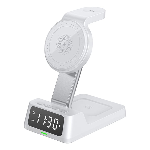 White Wireless Charging Station With Digital Alarm Clock 15W Fast Charger Stand For Multiple Devices Phone Smartwatch Earphones Vertical Horizontal Pad In Light Tone